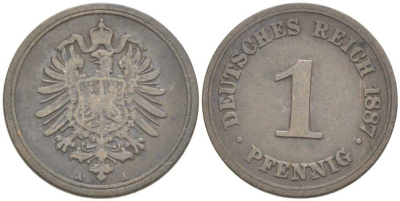 ГЕРМАНИЯ 1 ПФЕННИГ 1887 A, СТАРОГЕРБОВКА KM 1, J. 1, Weege 1 медь 211-613
