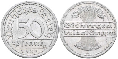 ГЕРМАНИЯ 50 ПФЕННИГОВ 1922 A KM 27, J. 301, Weege 10 алюминий 175-136