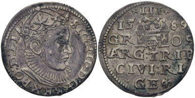 Латвия, Рига 3 гроша 1589 Сигизмунд III, польская администрация Iger R.89.3 c var. R, Kopicki 8178 (R2). серебро 00-807-18
