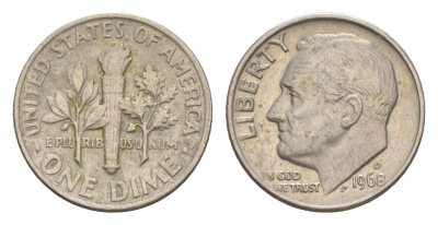 США 1 дайм (10 центов) 1968 D, президент Рузвельт KM 195a медь плакированная медно-никелем 4649-1264