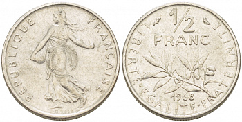 ФРАНЦИЯ 1/2 ФРАНКА 1968 KM 931.1 никель 3309-1113