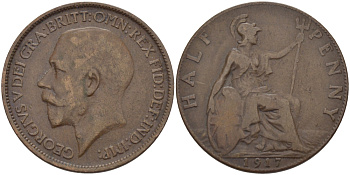 Великобритания 1/2 пенни 1917 Георг V (1910-1936) KM 809, Spink 4056 бронза 28-327