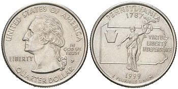 США 25 центов = квотер = 1/4 доллара 1999 P, квотер штата Пенсильвания KM 294 медь плакированная медно-никелем UNC 183-211