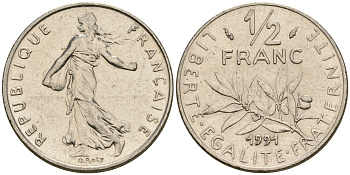Франция 1/2 франка 1991 сеятель KM 931.1 никель 25-1226
