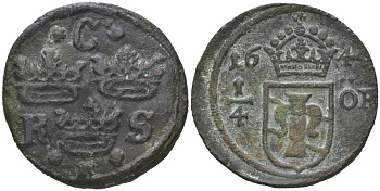 Швеция 1/4 эре 1644 Кристина (1632-1654) KM 188 медь 4171-1214