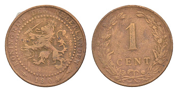 Нидерланды 1 цент 1904 Вильгельмина (1890-1948) KM 132 бронза 73-222