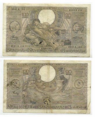 Бельгия 100 франков = 20 бельгас 1936 12 ноября 1936 Pick 107 бумага 450-38-1-2
