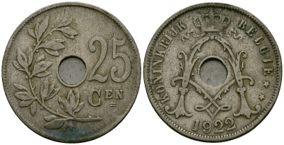 Бельгия 25 сантимов 1922 Belgie, Альберт I (1909-1934) KM 69 медно-никель 4165-842