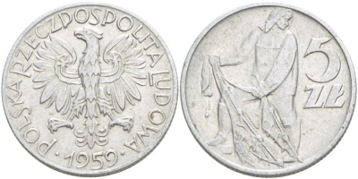 Польша 5 злотых 1959 MW, рыбак KM 47 алюминий 4542-946