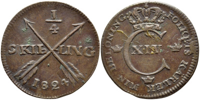 Швеция 1/4 скиллинга 1824 Карл XIV Юхан (1818-1844) KM 595 медь 4395-1054