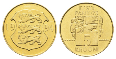 Эстония 5 крон 1994 75 лет Банку Эстонии KM 30 латунь UNC 4666-633