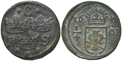 Швеция 1/4 эре 1644 Кристина (1632-1654) KM 188 медь 4171-1214