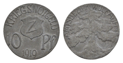 Вольфах 10 пфеннигов 1919 Funck 610.1, Men05 27542.1, Men18 34582.1 цинк 4636-834