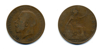 Великобритания 1 пенни 1921 Георг V (1910-1936) KM 810, Spink 4051 бронза 47-542