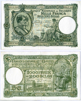 Бельгия 1000 франков = 200 бельга 1943 14 мая 1943 Pick 110 бумага 6280-44-1-1