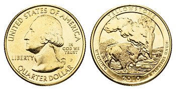 США 1/4 доллара (25 центов) 2010 Квотеры «Парки США» - Национальный парк Йеллоустоун KM 470 медь плакированная золотом UNC 11-265-41