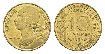 Франция 10 сантимов 1994 тип Morlon KM 929, Le Franc 144.37 алюминиевая бронза UNC 4630-367