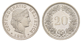 Швейцария 20 раппенов 1988 B KM 29a медно-никель UNC 4623-513