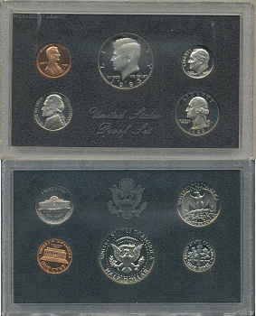 США набор из 5 монет (1, 5, 10 (дайм), 25 (квотер, 1/4 доллара) и 50 (1/2 доллара) центов) 1983 в оригинальной упаковке KM PS149 (A192, 195a, 201, 164a и A202b) PROOF 8-2-06-84