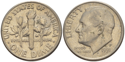 США 10 ЦЕНТОВ = 1 ДАЙМ 1991 P, РУЗВЕЛЬТ KM 195а медь плакированная медно-никелем 66-1125