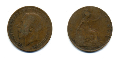 Великобритания 1 пенни 1921 Георг V (1910-1936) KM 810, Spink 4051 бронза 47-542