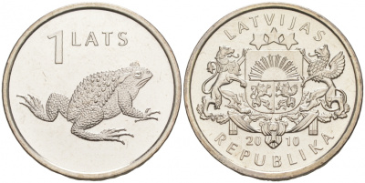 Латвия 1 лат 2010 лягушка, жаба KM 108 медно-никель UNC M13-07