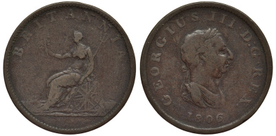 Великобритания 1/2 пенни 1806 Георг III (1760-1820) KM 662, Spink 3781 медь 189-121