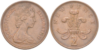 Великобритания 2 пенни 1973 Елизавета II (1952-2022) KM 916, Spink C1 бронза 4128-221