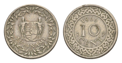 Суринам 10 центов 1966 KM 13 медно-никель 4636-226