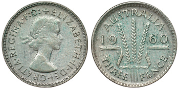 Австралия 3 пенса 1960 m, Елизавета II (1952-2022) KM 57 серебро 71-652