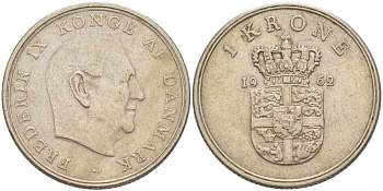 ДАНИЯ 1 КРОНА 1962 C; S, ФРЕДЕРИК IX (1947-1972) KM 851.1 медно-никель 38-523
