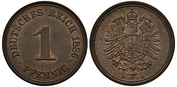 Германия 1 пфенниг 1886 А, старогербовка KM 1, J. 1 медь UNC 413-4911