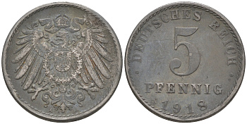 ГЕРМАНИЯ 5 ПФЕННИГОВ 1918 А KM 19, J. 297 железо 188-738