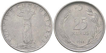 Турция 25 курушей 1961 KM 892.2 нержавеющая сталь 4584-424