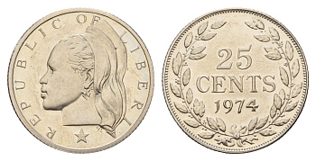 Либерия 25 центов 1974 KM 16a.2 медно-никель aUNC 4678-152
