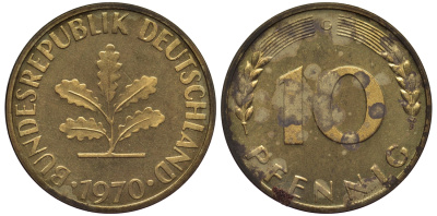 ФРГ 10 пфеннигов 1970 G KM 108, J.383 сталь плакированная латунью PROOF 1099-4-34