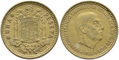 ИСПАНИЯ 1 ПЕСЕТА 1966 (73) ФРАНСИСКО ФРАНКО ДИКТАТОР ИСПАНИИ (1939-1975) KM 796 алюминиевая бронза 110-1214