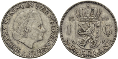 Нидерланды 1 гульден 1955 Юлиана (1948-1980) KM 184 серебро 98-1131