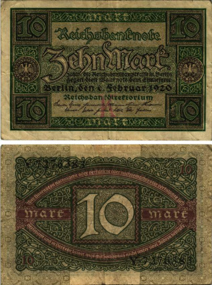 ГЕРМАНИЯ 10 МАРОК 1920 6 ФЕВРАЛЯ 1920, БУКВА К, СЕРИЯ Y, СЕМЬ ЦИФР В НОМЕРЕ Pick 67а, Rosenberg 63а бумага 8616-11-2-2