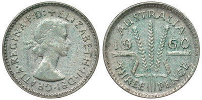 Австралия 3 пенса 1960 m, Елизавета II (1952-2022) KM 57 серебро 71-652