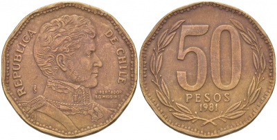 Чили 50 песо 1981 Бернардо О’Хиггинс KM 219.1 алюминиевая бронза 4539-827