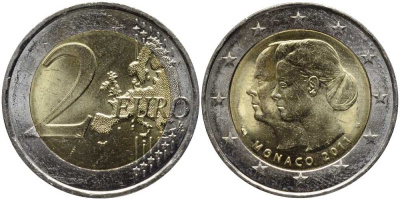 Монако 2 евро 2011 свадьба князя Монако Альберта II и Шарлин Уиттсток KM 196 биметалл UNC 4112-341