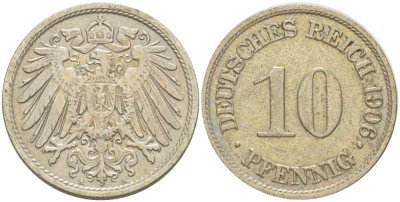 Германия 10 пфеннигов 1906 A KM 12, J. 13, Weege 8 медно-никель 259-915