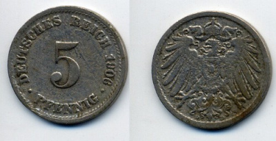 ГЕРМАНИЯ 5 ПФЕННИГОВ 1906 D, KM 11, J. 12 медно-никель 76-113