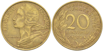 ФРАНЦИЯ 20 САНТИМОВ 1970 ТИП MARIANNE KM 930, Le Franc 156.10 медь алюминий никель 4513-135