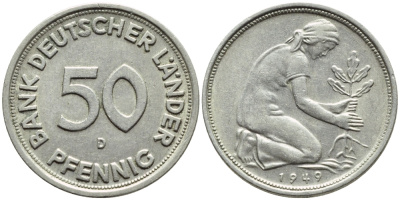 ФРГ 50 пфеннигов 1949 D KM 104, J. 379 медно-никель 54-2447