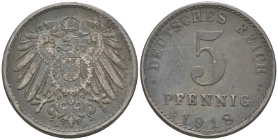 ГЕРМАНИЯ 5 ПФЕННИГОВ 1918 А KM 19, J. 297 железо 188-738