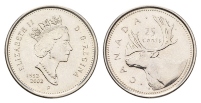 Канада 25 центов 2002 50 лет правления Королевы Елизаветы II KM 448 сталь плакированная никелем UNC 4678-1145