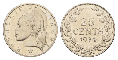 Либерия 25 центов 1974 KM 16a.2 медно-никель aUNC 4678-152