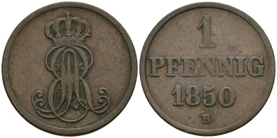 Ганновер 1 пфенниг 1850 B, Эрнст Август (1837-1851) KM 201.1, AKS 129, J. 74 медь 4608-1053